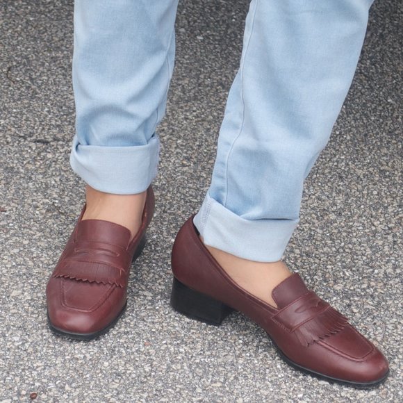 Burgundy Frilled-Leather Loafers - Picture 1 of 4